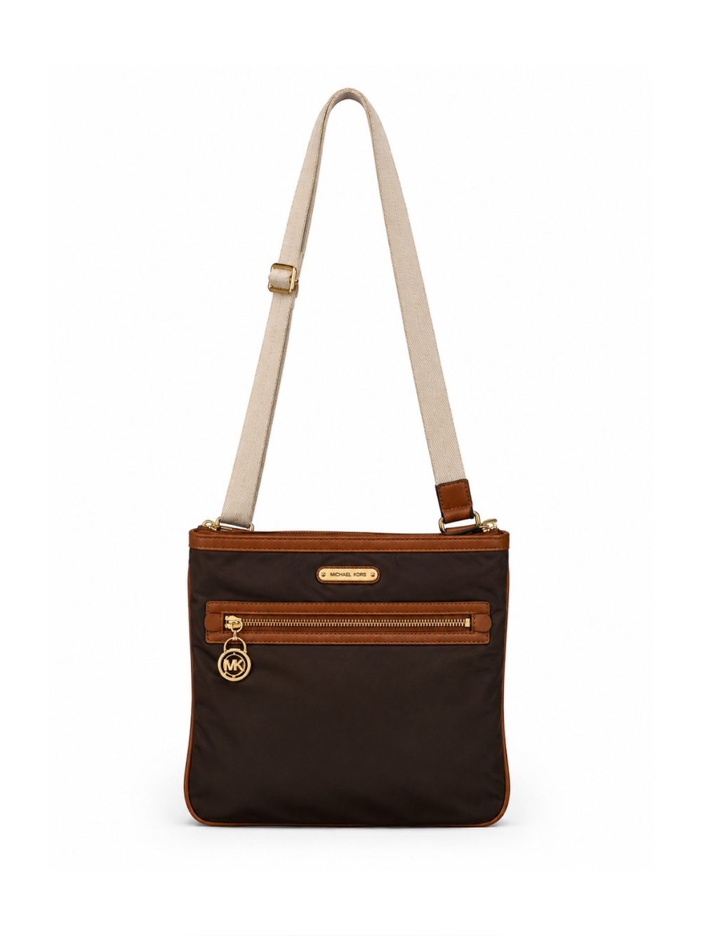 Michael Kors Kempton Coffee Dark Brown Tan Beige Crossbody Bag Nylon Handbag
